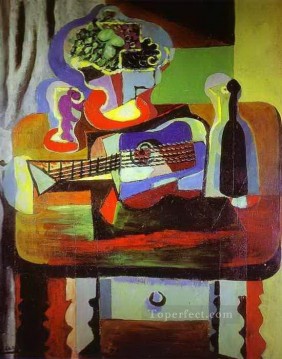Guitar Bottle Bowl with Fruit and Glass on Table 1919 Pablo Picasso Oil Paintings